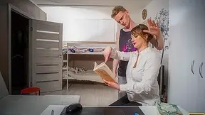 TUTOR4K. Man puts professor down on her knees for blowjob and fucks her