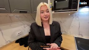 Young blonde in sexy lingerie fucks boyfriend. POV. Сum in mouth