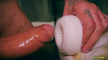 Closeup ASMR Beautiful Big Uncut Cock Fucking Fleshlight And Shooting A Big Cum Load
