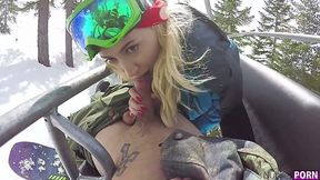 Slutty chick Kristen Scott gives a great blowjob in the snowy mountains