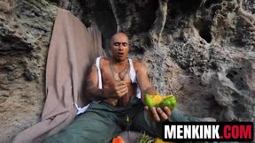 Bald dude King Noire entertains his aroused cock while stranded and alone
