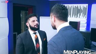 Suited Cristian Sam ass drills Little Brako deep in studio