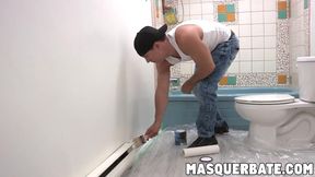 Hot muscular stud loves touching his thick dick in the bathroom