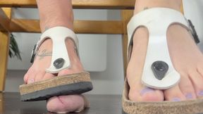 A Birkenstock Gizeh summer special - Shoejob and Cockcrush in Tramplegirl Leila's worn out white Birkenstock Gizeh sandals - Inshoe Cock Trampling, Giantess views, Painted toenails, CBT and POV, foot fetish, slipper fetish - Cumshot on Feet - HD