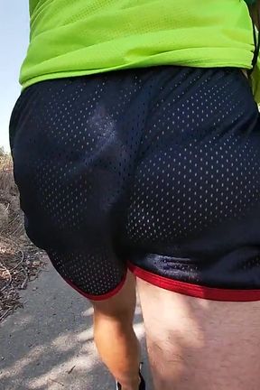 So Hot! Running with My Erect Cock Out Wearing Shiny See Thru Cock Sport Shorts