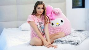 Stepdad moves stepdaughter's panties and fingers her teen pussy
