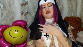 nun girl blowing foil balloons