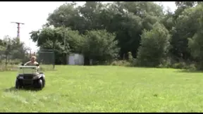 Stunning German babe with glasses rides big dick on the quad