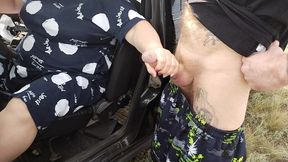 The Bitch Sits in the Car and Publicly Jerks off My Dick in Nature Until I Cum