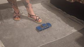 Giantess Jayne Vs 1960s Chevrolet Impala toy car crush in flat sandals high view