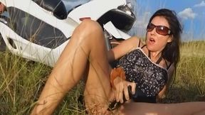 sexy hairy biker milf with anal plug fucks herself outdoors in nature