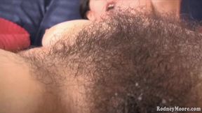 Quiet hairy girl with huge tits sucks and gets cum on muff