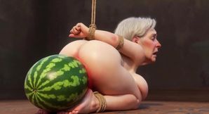 Old Granny Bound with Huge Watermelon in Ass - Hurt &amp; Orgasm