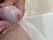 Hairy man piss in the shower. Closeup of the peehole