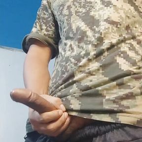 army soldier gets horny plays with his huge bulge and masturbates