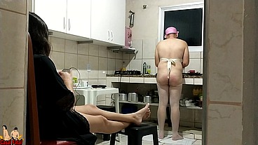 Dominant wife with her cuckold maid