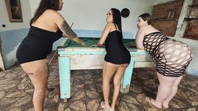 Super triple fart on our losing slave at billiards!! By Britney Hunter, Bella Cruel, Babi Ventura and Monique