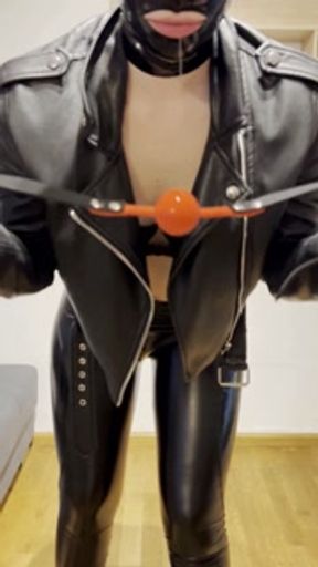 Teen latex slut dildo riding fucking his slave and walking in high heels around