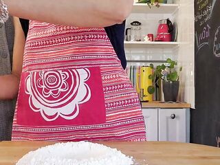 Sexy wife with fantastic natural bazookas gets her cunt filled whilst working in the kitchen.