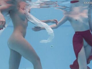 Girlfriends have a fun swimming bare jointly