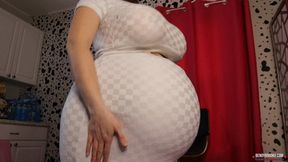 Lactation and Rapid Belly Inflation in White Checkered Outfit