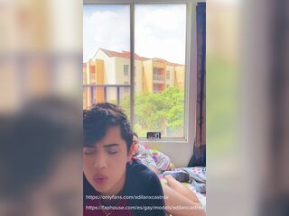 Bald twink sucks his straight knob and bangs his ass when his family is not at home