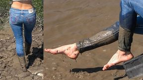 Washing off fresh mud from my Tue Religion jeans - barefoot