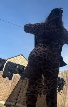 Sheer dress no knickers- MILF hanging washing out