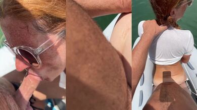 Outdoor boat doggy style freckled ginger milf with braids swallowing cum and blazing a massive drop drenched blowjob on a boat