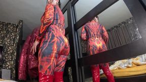 Red Nylon Jumpsuit Fetish - Cameltoe Tease, Deep Blowjob and Cum on My Downjacket