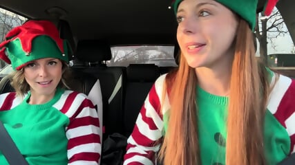 Nadia Foxx & Serenity Cox as Horny Elves cumming in drive thru with remote controlled vibrators