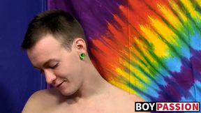 Skinny guy with huge dick masturbates with a weird sex toy