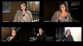 4-6 Lesya is smoking all white Winston cigarettes on the street using matches (5 scenes) 4K resolution (iPhone)
