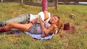 Pretty teen 18+ Ranch Girl In Denim Skirt & Boots Riding Ass To Mouth. Downhome Country & Western Outdoor Anal 24 Min