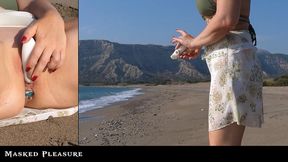 Womanizer Toy at the Pussy and a Plug in her Ass make her Orgasm on a Public Beach