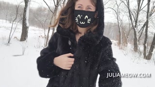 Milf walks almost naked in winter