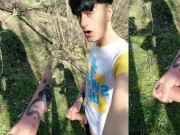 Twink and his shadow on a sunny day - Outdoor jerk off - thick cock