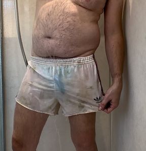 Showering in my sexy old adidas white Liverpool nylon football shorts from the 80&#039;s