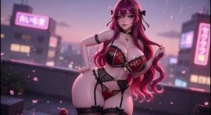 Thicc Pink Haired Babe Moaning and Posing on Rooftop