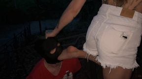 The slave sucked his mistresses' dirty feet.