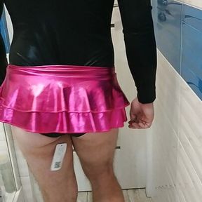 Tranny in sexy dancing leotard and shiny skirt