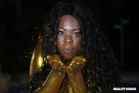 Juicy black cutie takes a white dick deep into her throat