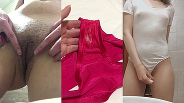 COMPILATION Russian brunette with dirty talk shows dirty panties close-up. Pissing girl with hairy pussy