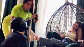 licking dirty sneaker soles with face busting and foot gagging femdom