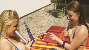 Lesbians in Hot Scene 3: Blonde and Brunette MILFs in Bikinis Enjoy Using Their Dildos Together Until Orgasm