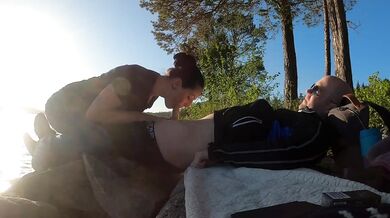 Norwegian girl giving blowjob on a lake