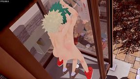 Boku No Hero Academia Yaoi - Bakugou fucks Deku while Uraraka watches them and Todoroki jerks off watching them