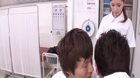 Japanese nurse rubs herself while patient watches, doctor touches her breasts