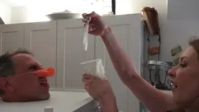 Submissive Chick Drinks Cum from Condom after Humiliating Blowjob Game