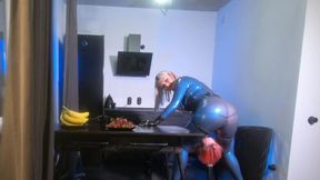 Lesbian strapon suck in latex rubber &mdash;  curvy Mistress playing with her toy girl &mdash;  ass worship fetish